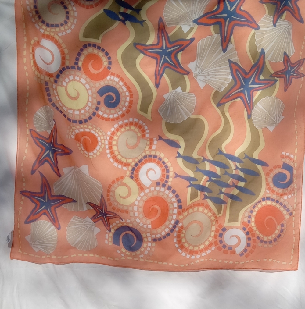 Orange Cotton Scarf by Ginnie Johansen 1991 Fish and Seashells